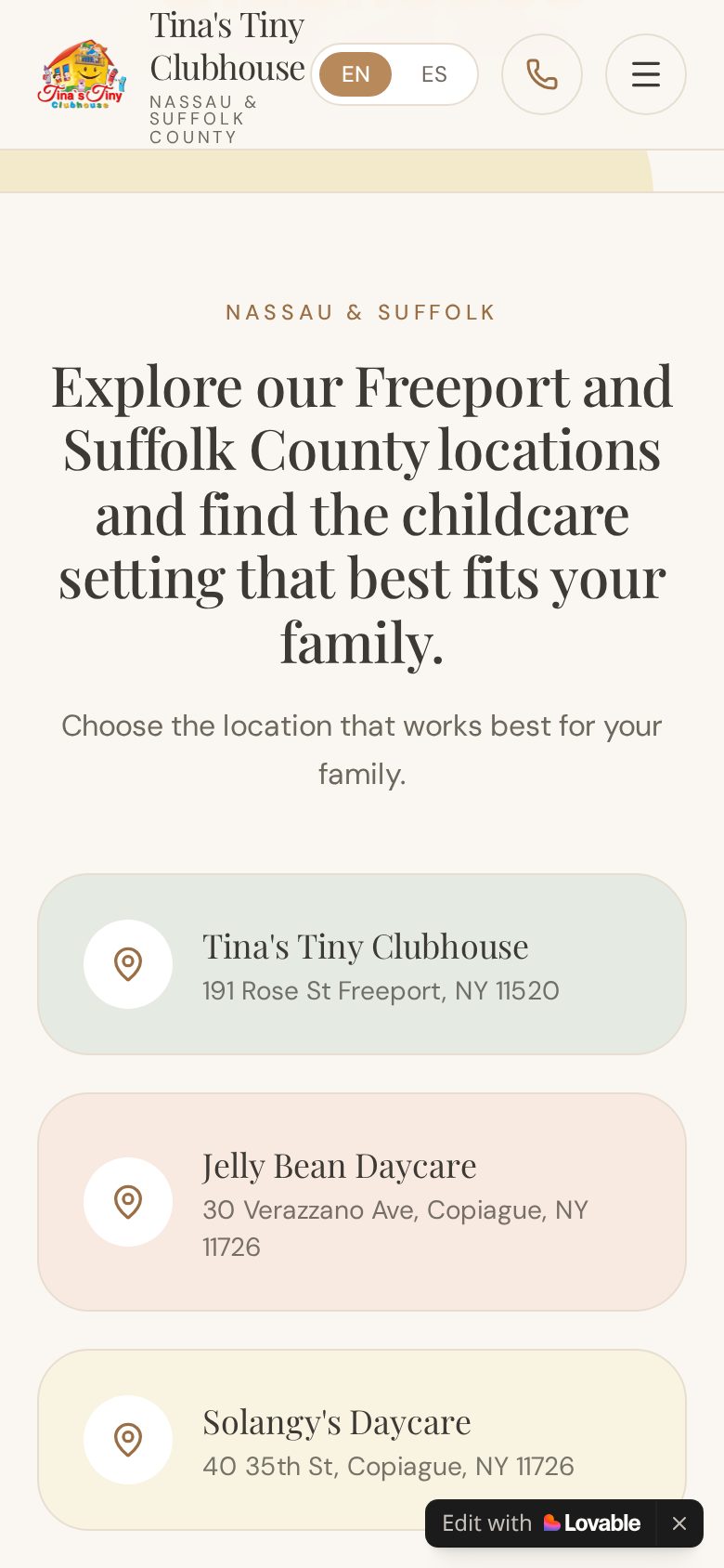 Tina's Tiny Clubhouse mobile view 2